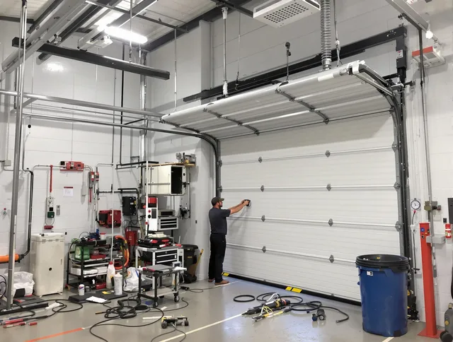 Valley Falls Garage Door Repair certified technician performing commercial door repair at a Valley Falls business facility