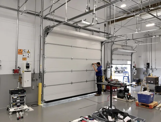 Commercial garage door repair being performed by Valley Falls Garage Door Repair expert in Valley Falls
