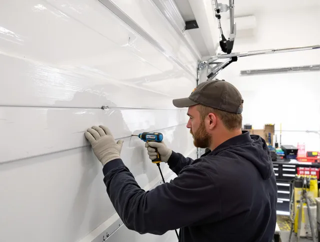 Valley Falls Garage Door Repair technician demonstrating precision dent removal techniques on a Valley Falls garage door