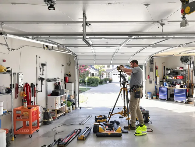 Valley Falls Garage Door Repair specialist performing laser-guided track alignment in Valley Falls
